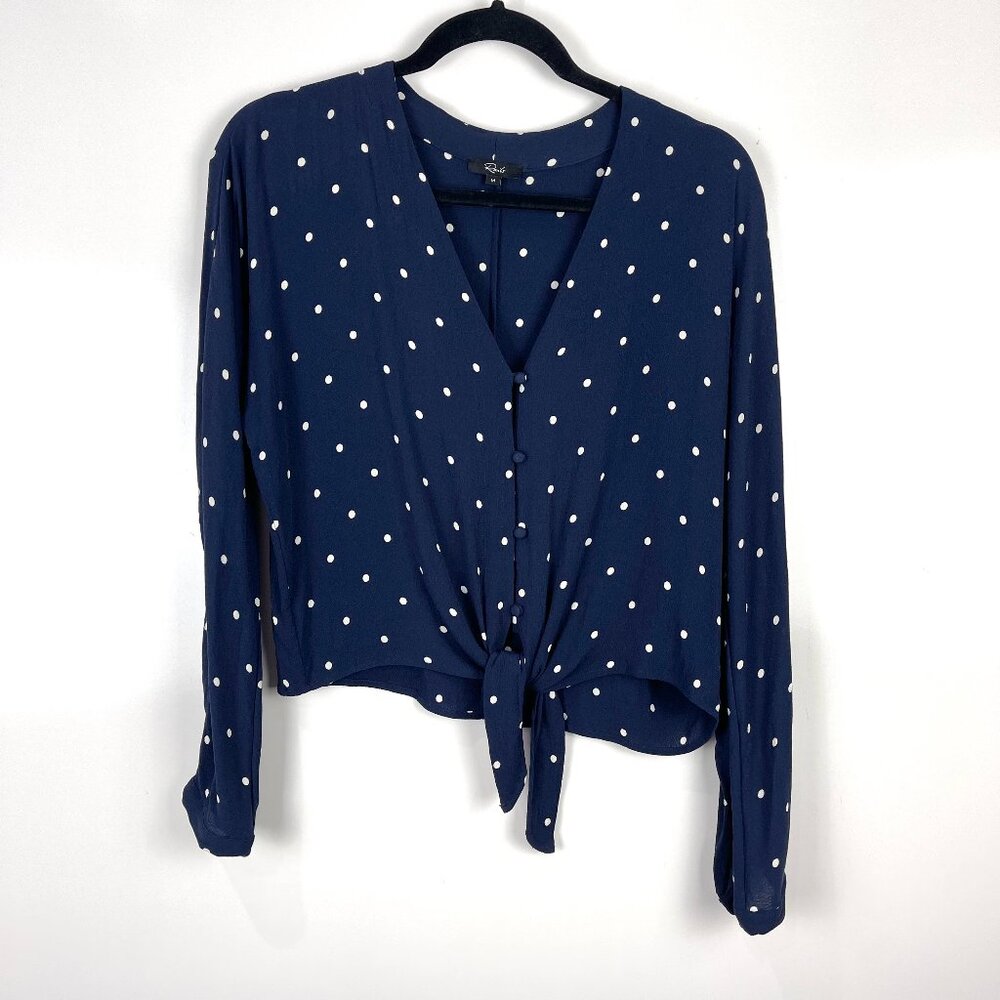 Rails Sloane Tie Front Blouse Size Medium Navy Blue Polka Dot Long Sleeve Casual